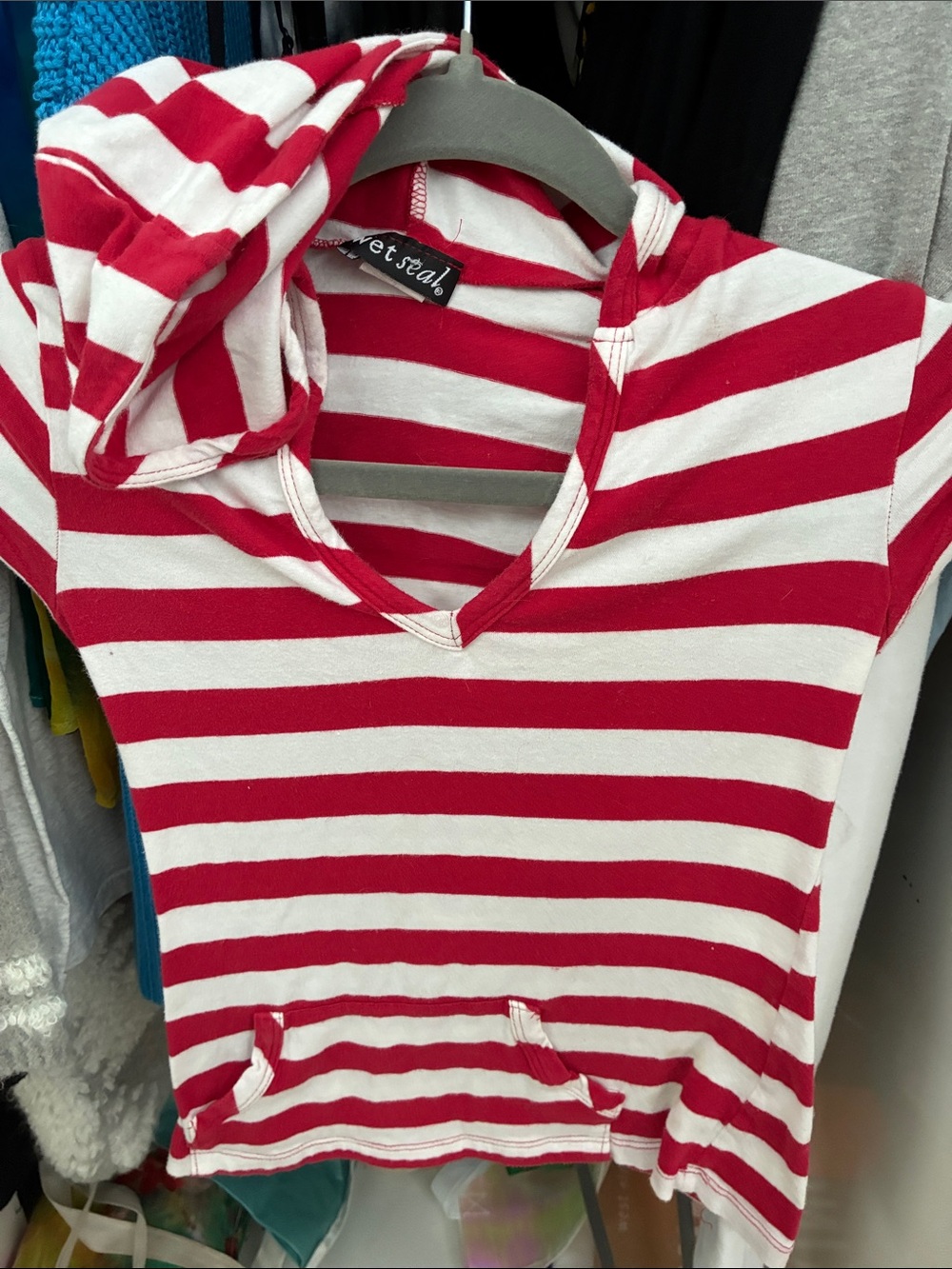Wet Seal Red & White Striped Hooded Top y2K style Small